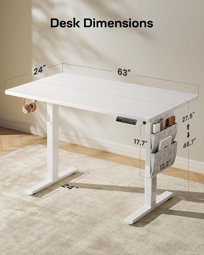 HUANUO Electric Standing Desk, 63 x 24 Inch Height Adjustable Computer Desk with Storage Bag, 4 Height Memory Settings, Sit Stand Up Desk for Home Office, White