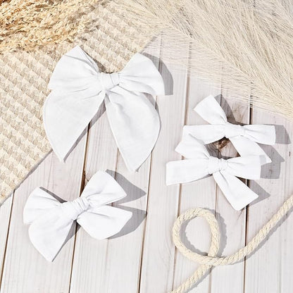 DEEKA 4 PCS White Cotton Linen Hair Bows 3 Styles 5" & 4" Handmade Hair Bow set for Toddler Girls Alligator Hair Clips Knot Bows Hair Accessories for Little School Girls (White)