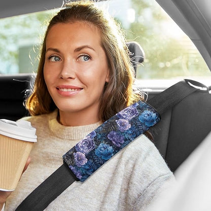 Dark Blue Purple Peonies Car Seat Belt Covers 2Pcs Fashion Safety Belt Cushion Seat Belt Shoulder Pad for Adults Women Kids