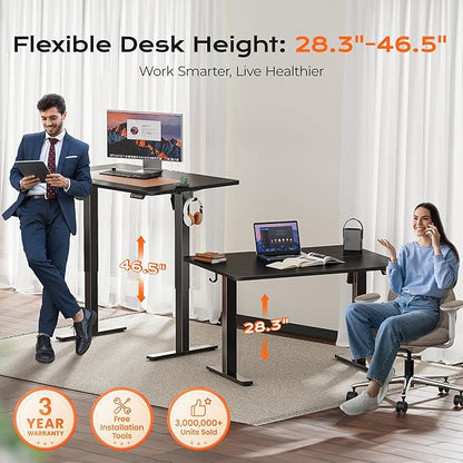 Huuger 48 x 28 Large Electric Standing Desk, Height Adjustable Desk, 27.6" Deep Desktop, Stand up Gaming, 2 Hooks, 3 Preset Heights, for Home Office, Black