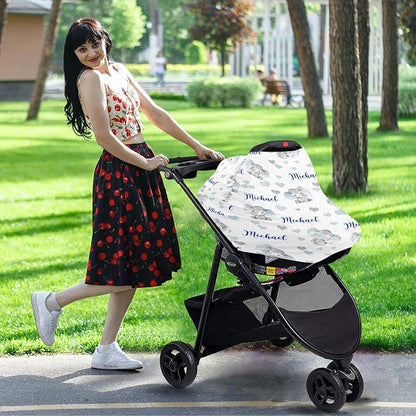 Personalized Cute Elephant Baby Car Seat Covers with Name, Custom Multiuse Nursing Breastfeeding Car seat Canopy, Infant Stroller Covers for Newborn Girl Boy, Ultra-Soft Breathable, Nursing Scarf