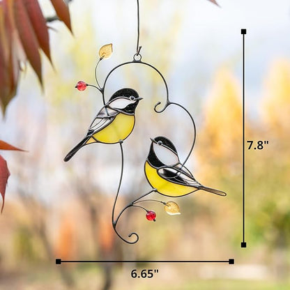Gift Birds Handmade Chickadee Stained Glass Suncatchers Genuine Stained Glass Window Hanging Unique Indoor Ornament & Outdoor Decor (Pair of Chickadee)