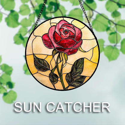 Stained Glass Window Hanging 4 Pcs Set Lily Rose Sunflower Poppy Large 11.8" - Flower Suncatcher Door Garden Sun Catcher Decor Birthday Mother's Day for Wife Woman Nana Girl