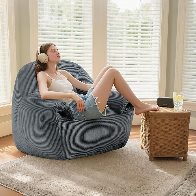DAICO Bean Bag Chairs for Adults, Giant Bean Bag Chair Comfy Bean Bag Sofa with Handle Corduroy Single Lazy Floor Sofas Accent Chair with Foam for Bedroom Living Room Reading Gaming Grey