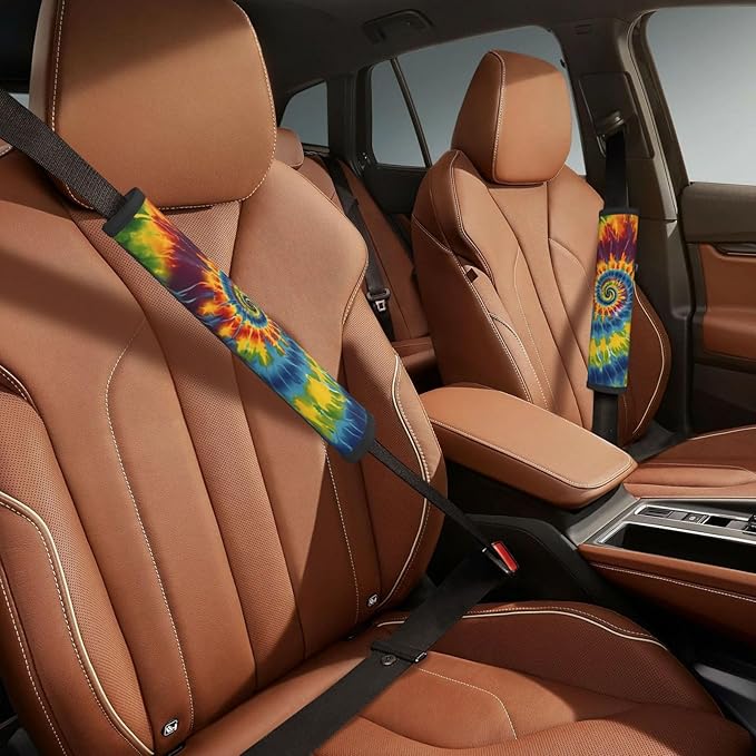 Tribal Ethnic Tie Dry Spiral Colorful Seat Belt Cover Fits Cars Trucks SUV Sedans Air Permeability Car Seatbelt Strap Cover, Auto Interior Accessories Protector