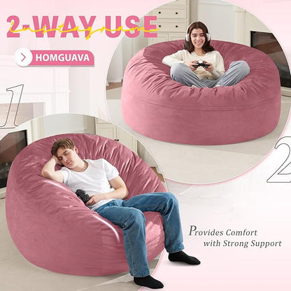 Homguava 5 FT Bean Bag Chair: 5' Bean Bags with Memory Foam Filled, Large Beanbag Chairs Soft Sofa with Dutch Velvet Cover-Dusty Pink