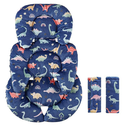 Infant Car Seat Insert Cushion, Super Soft Baby Car Seat Head Support & 2 Straps Pads, Reversible Preemie Newborn Carseat Insert, Fit Car Seat, Stroller, Infant Bouncer, Blue Dinosaur