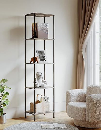 Display Shelf with RGBW Light, Color Changing Curio Cabinet Floor Lamp with Shelves Corner Standing Column Lamp Etagere Organizer Tower Nightstand Bookcase for Living Room Bedroom Office Décor, Gray