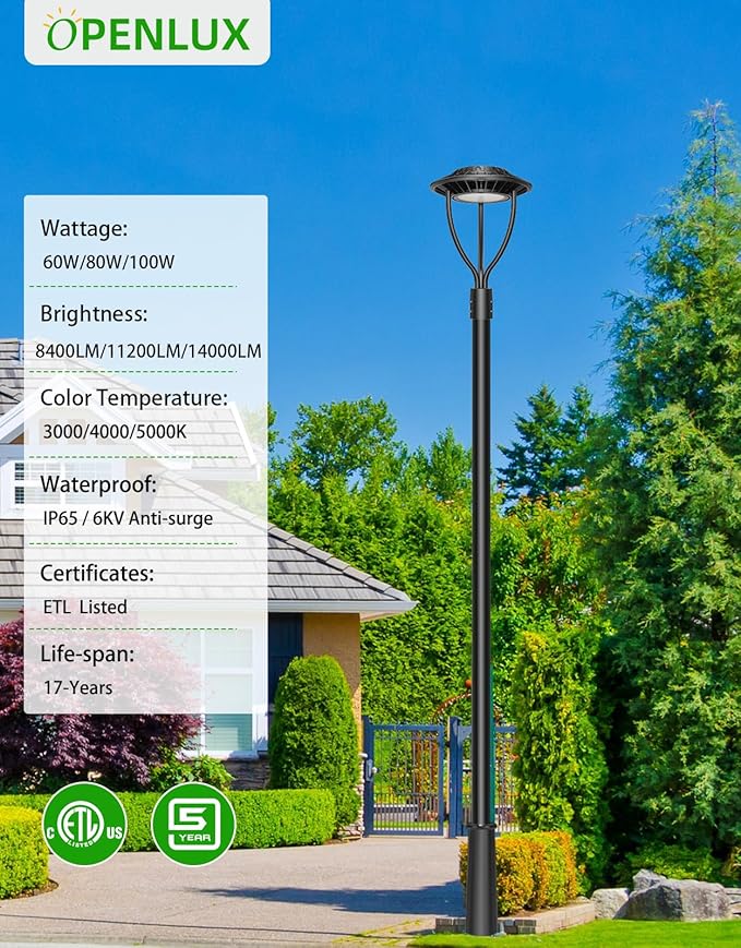 LED Post Top Light ETL Listed 100W 80W 60W Adjustable 3CCT Adjustable Outdoor Pole Lights with Photocell IP65 Waterproof Post LED Fixture for Garden Yard Street Lighting