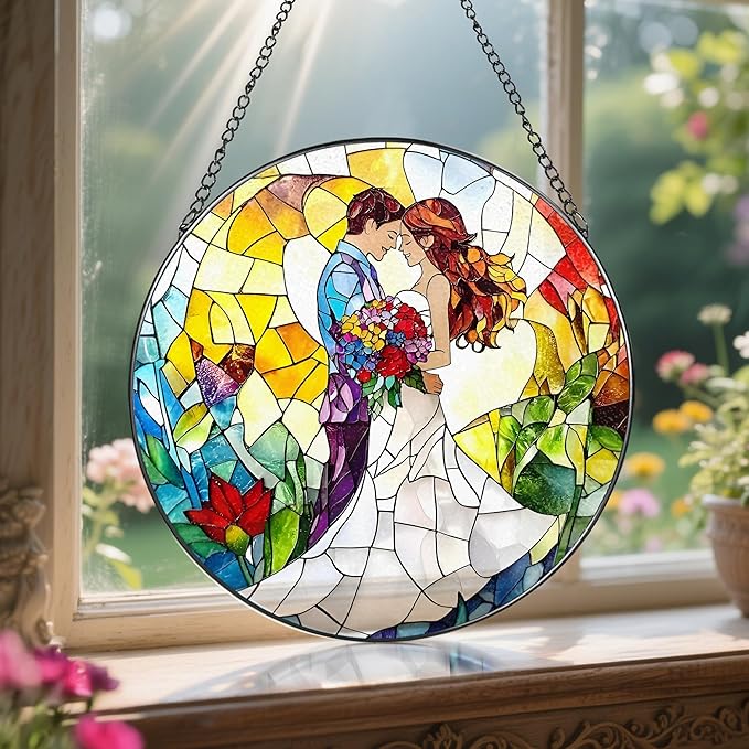 8'' Romantic Couple Wedding Sun Catcher Ornament, Stained Glass Window Hanging, Suncatchers for Windows Hanging Ornaments, Window Decor | Ideal Gift, Wedding Gift, Gifts for Couple & Newlywed