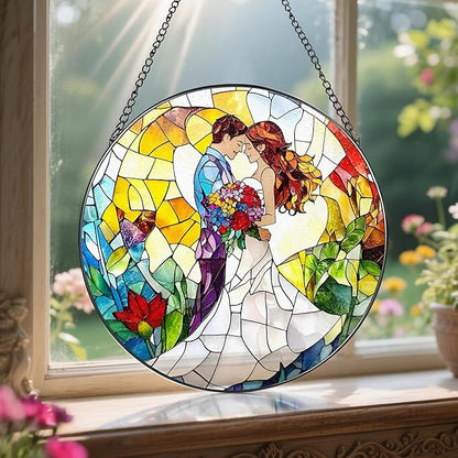 8'' Romantic Couple Wedding Sun Catcher Ornament, Stained Glass Window Hanging, Suncatchers for Windows Hanging Ornaments, Window Decor | Ideal Gift, Wedding Gift, Gifts for Couple & Newlywed
