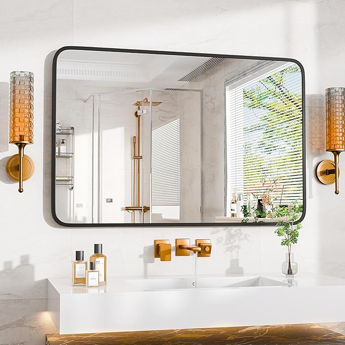 24"×36" Bathroom Mirror for Wall, Modern Bathroom Vanity Mirror, Black Bathroom Mirrors for Over Sink with Metal Framed HD Tempered Glass Hangs Horizontally or Vertically