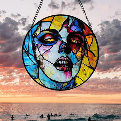 Stained Glass Window Hanging Halloween Horror Night Bloodstained Face Large 15" - Suncatcher Door Garden Sun Catcher Gothic Decor Birthday Evil Funny Gift for Mom Woman Nana Friend Men