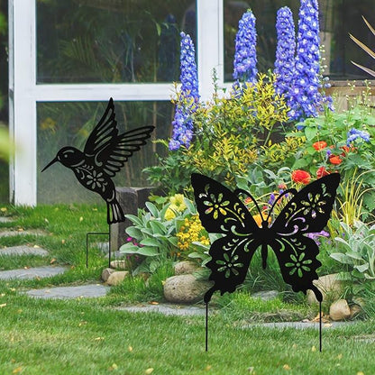 Metal Large Size 20inch Hummingbird Butterfly Decorative Garden Stakes, Black Butterfly Hummingbird Outdoor Decor Silhouette Yard Stake, Outdoor Decorations for Lawn Garden Yard Patio Fall
