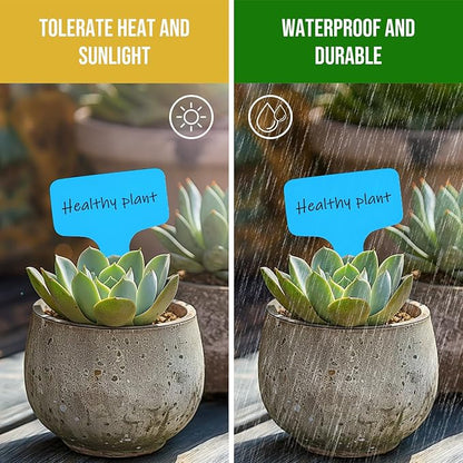 Plant Labels 200 Pcs Yuanling T-Type Plastic Garden Tags Waterproof Plant Sign Stakes Nursery Garden Makers for Seedlings Flower Vegetables Herb Potted Belt Permanet Marker Pen (Blue)
