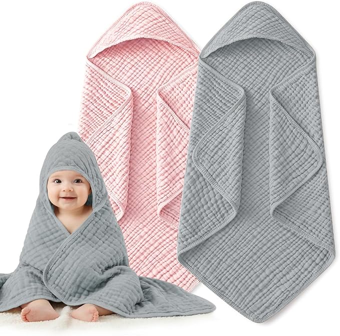 Hooded Baby Bath Towels for Newborn, 2 Pack - 6-Layer 100% Muslin Cotton, Soft Absorbent Baby Towels with Hood for Babies, Infants & Toddlers, Large 32x32 Inch Unisex Newborn Baby Bath Essentials