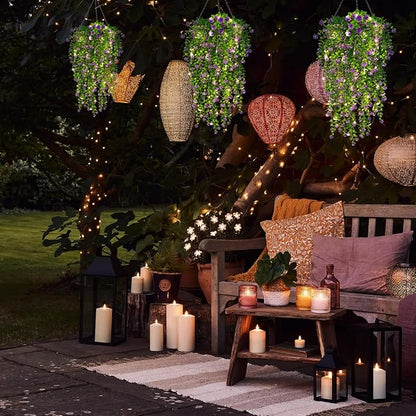 SJL Hanging Greenery 4pcs Realistic Artificial Hanging Plants with Lights Indoor Faux Ivy Plastic Flowers Green Leaves Fake Plants Eucalyptus for Bedroom Party Porch Decor (Purple)