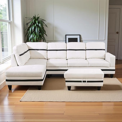 L Shaped Couch PU Leather Sectional Couch Upholstered 3 Pieces Sofas for Living Room with Chaise, Storage Ottoman for Office and Small Apartment, White and Black