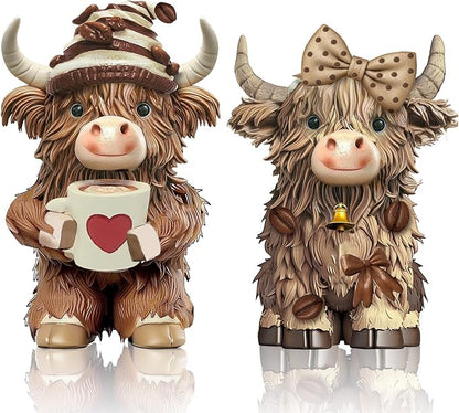 2 Pack Christmas Highland Cow Resin Figurine Decor Coffee Theme Highland Cow Gnomes Starfish Resin Statue for Garden Table Shelf Kitchen Home Coffee Bar Decor Calf Gnome Herd Gifts
