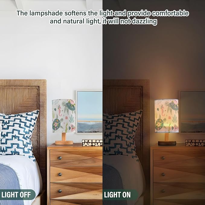 Bedside Table Lamp Turtle Sea House Flower Nightstand Lamp with Wood Desk Lamps for Bedroom Living Room Nursery Office Home Decor