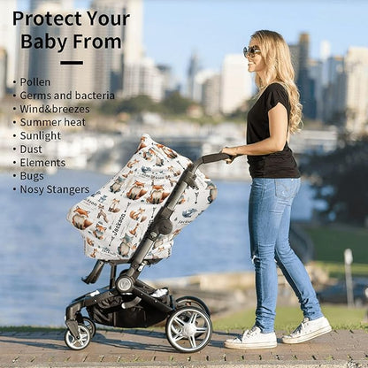 Personalized Woodland Baby Car Seat Cover with Name,Multi-Use Canopy for Nursing, Strollers,Shopping Carts,Customized Breastfeeding Cover, Full Privacy,Infant Stroller Cover