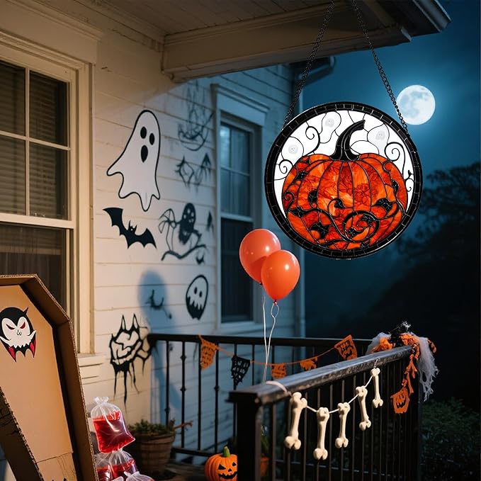 Stained Glass Window Hanging - Halloween Red White Scary Pumpkin Suncatcher for Doors Garden Home Spooky Rattan Sun Catchers Gothic Decor Horror Gifts for Women Men Friend Boy Girl 11.8 in