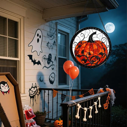 Stained Glass Window Hanging - Halloween Red White Scary Pumpkin Suncatcher for Doors Garden Home Spooky Rattan Sun Catchers Gothic Decor Horror Gifts for Women Men Friend Boy Girl 11.8 in