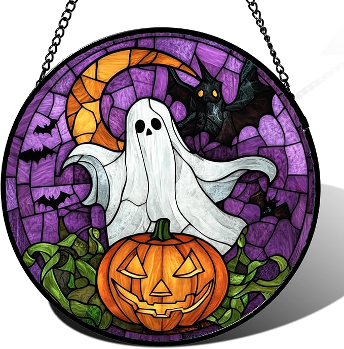 Stained Glass Window Hanging Halloween Scary Purple Night Sky Bat Ghost Large 15" - Suncatcher Door Garden Sun Catcher Gothic Home Decor Birthday Horror Gifts for Mom Men Woman Friend
