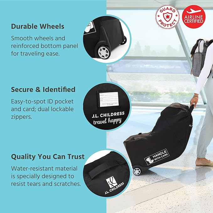 J.L. Childress Padded Infant Car Seat Bag with Wheels - Travel Bag for Airplane, Fits Most Baby & Infant Car Seats, Compatible with UPPAbaby, Nuna, & Chicco, AirTag Compatible - Premier, Black