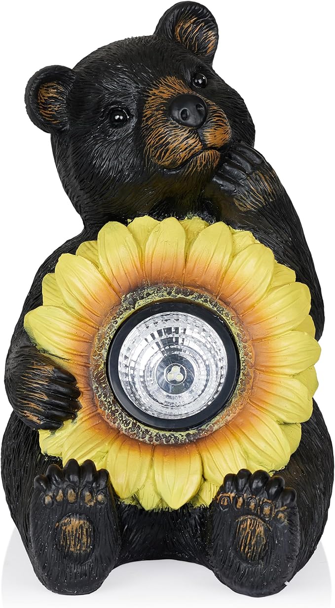 Alpine Corporation 16" H Outdoor Solar Powered Bear Statues with Sunflower LED Light, Brown/Yellow