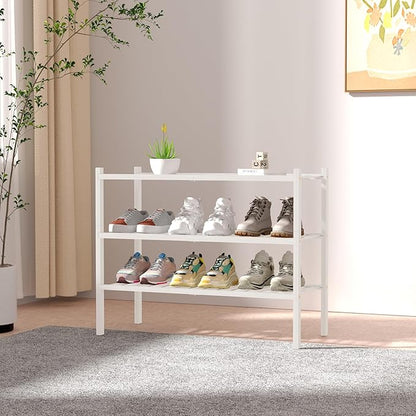 3 Tier Bamboo Shoe Rack for Closet Free Standing Wood Shoe Shelf Storage Organizer for Entryway Small Space Stackable 27"x11"x20" (White)