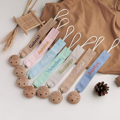 TYRY.HU Personalized Pacifier Clip with Name, Embroidery Pacifier Holder for Baby Girls and Boys, Neutral Binky Clips Universally Fit All Pacifiers, Baby Gift, 2 Pack(Pink, Khaki)