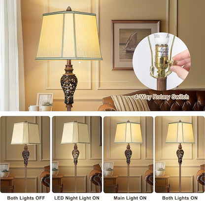 Vintage Floor Lamp with Nightlight, 65" Rustic Standing Lamp with Beige Faux Silk Shade, Farmhouse Style Design Tall Lamp Decor for Living Room Bedroom Study Home Office Corner- Bronze (Bulb Included)