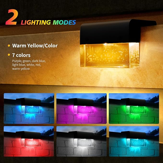 SUNFACE Solar Deck Lights, 6 Pack Solar Fence Lights Outdoor Step Lights, Solar Stair Lights Waterproof for Patio, Stairs, Railing, Garden & Pool (Warm White/7 Color Changing)