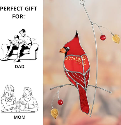Hummingbird Cardinal Birds Stained Glass Suncatcher Genuine Stained Glass Window Hangings Unique Indoor Ornament & Outdoor Decor (Golden Cardinal)