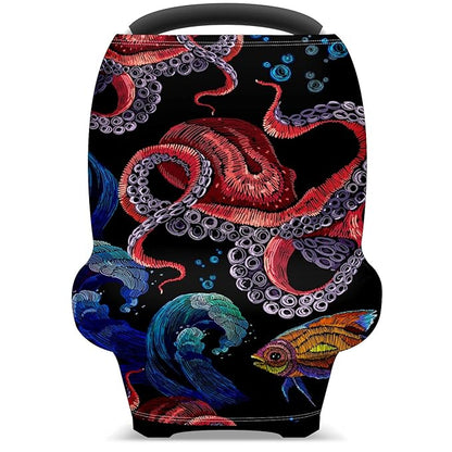 Baby Car Seat Stroller Covers Ocean Octopus Waves Fish Nursing Cover Breastfeeding Scarf Soft Breathable Stretchy Infant Car Canopy Coverage Carseat Cover for Boys and Girls Multi Use