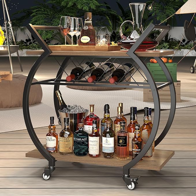 LVB Bar Cart with Wine Rack, 2 Tier Kitchen Cart on Wheels, Modern Wood and Metal Portable Coffee Cart Table for Home, Utility Industrial Mobile Serving Cart with Storage Shelf, Rustic Oak
