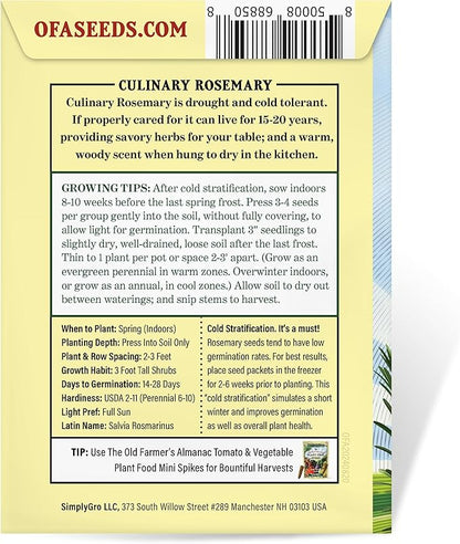 The Old Farmer's Almanac Heirloom Culinary Rosemary Herb Seeds - Premium Non-GMO, Open Pollinated, Drought & Cold Tolerant (1 Packet - 200 MG - Approx 180 Seeds)