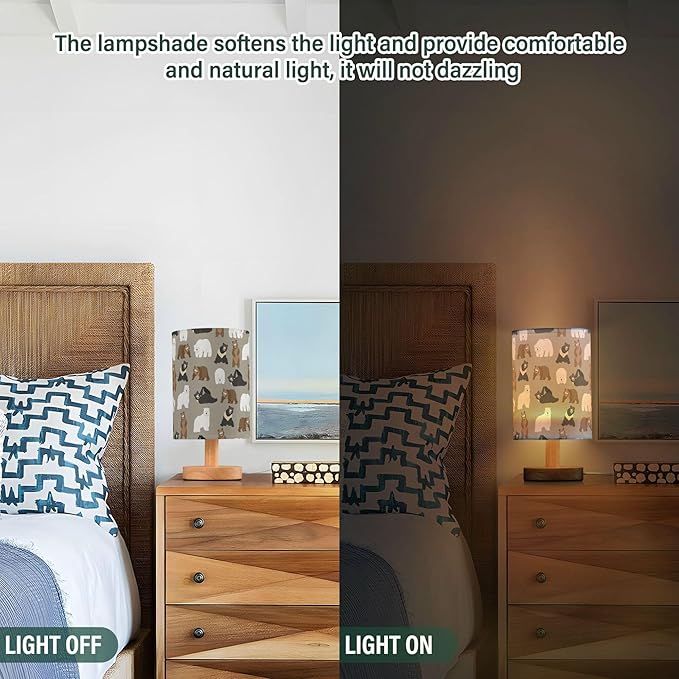 Bears Animal Pattern Brown Bear Polar Bear Black Bear Table Lamp with Wood Base Fabric Lamp Shade Bedside Nightstand Desk Lamp for Living Room Bedroom Kids Room Office