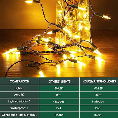 KOUQIYA Battery Operated Christmas Lights, 33ft 100 LED Battery Operated String Lights with Auto-Timer 8 Modes Waterproof String Lights for Xmas Outdoor Indoor Garden Party Decor, Warm White