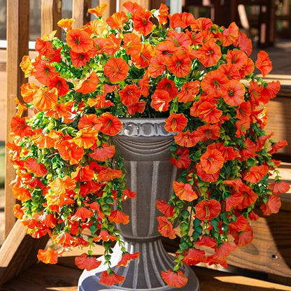 Ivydale 2 PCS Artificial Fall Hanging Flowers Fake Plants Outdoor,Silk Morning Glory Faux Flowers with Eucalyptus,UV Resistant Realistic Petunias Plants for Home Garden Decor (Orange(Leaves Green))