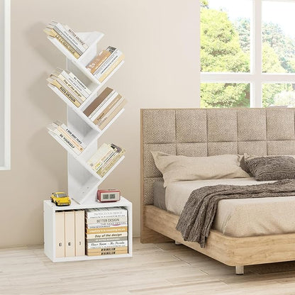 6 Tier Tree Bookshelf, Sturdy Retro Floor Standing Wood Bookcase, Storage Rack for Home Office, Living Room, Bedroom, Reading Spot, Heavy Book Organizer Shelves for CDs/DVDs/Movies, White