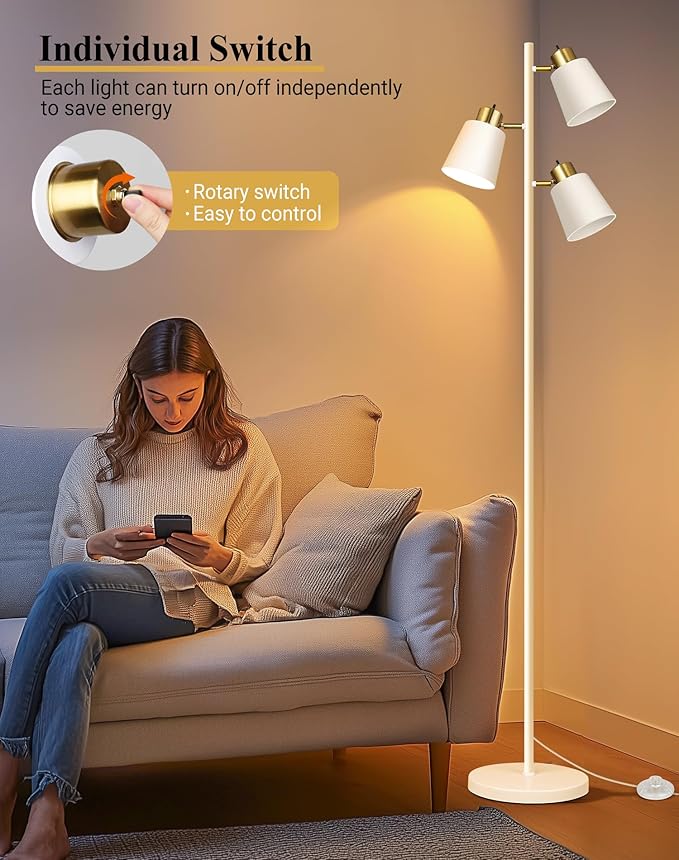 QiMH Tree Floor Lamps for Living Room, 67" Modern Standing Floor Lamp with 3 LED Bulb, Industrial Tall Lamp Reading Lighting for Bedroom Study Office Decor, 3 Rotatable Light Heads, White Gold
