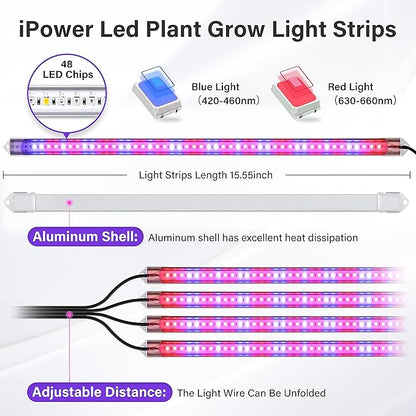 iPower 2Pack 60W LED Grow Lights with Full Spectrum Plant Growing Light Strips for Indoor Plant with Auto ON/Off 3/9/12H Timer, 10 Dimmable Levels 48 LEDs Per Tude, 4 Tubes, Red&Blue