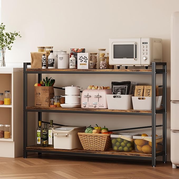 3 Tier Bookshelf 47.24" Width, Wood and Metal Etagere Bookcase, Vintage Farmhouse Modern Wooden Large Book Shelf for Home Living Room Bedroom Office Storage(Rustic Brown)