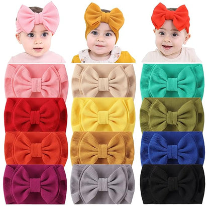 Cinaci 12 Pack Solid Candy Colors Stretchy Wide Nylon Headbands with Knot Big Hair Bow Elastic Headwraps Oversized Hair bands Large Hair Bows Hair Accessories for Baby Girls Infants Toddlers Kids