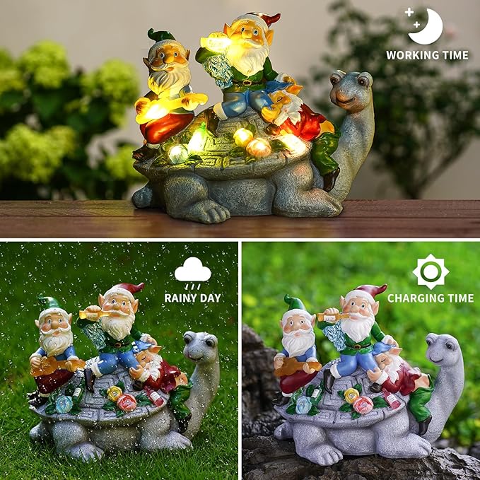Upgraded Size Solar Garden Outdoor Statues Three Gnomes having party on turtle with 7 LED Solar Figurine for Lawn,Patio,Balcony,Yard Decor Unique Housewarming Gift, for grandfather, Father,Grandma,Wen