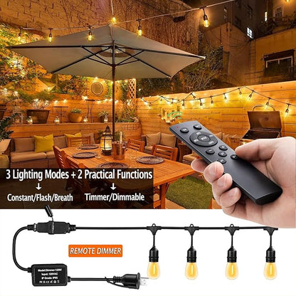 190FT Remote Controlled Outdoor String Lights Patio String Lights for Outside, 60+3 Shatterproof S14 Warm Lights String Outdoor for Bistro Café Gazebo Backyard, Linkable, 2 Pack