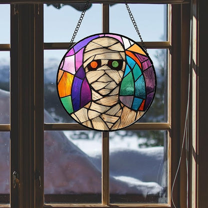 Stained Glass Window Hanging Halloween Abstract Colorful Mummy Large 15" - Suncatcher Door Garden Sun Catcher Gothic Decor Birthday Horror Funny Gift for Mom Woman Nana Friend Men