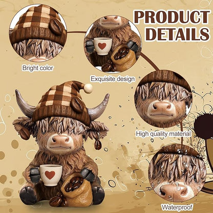 Wesiti 2 Pcs Highland Cow Figurines Coffee Highland Cow Gnomes Scottish Resin Statue Calf Lovers Gifts for Christmas Home Garden Kitchen Office Tiered Tray Table Decor